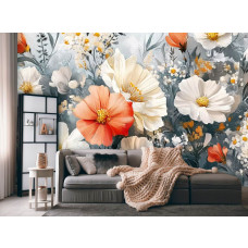 Fotobehang met geschilderde bloemenpracht in een stijlvolle woonkamer.