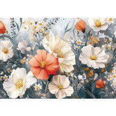 Fotobehang met geschilderde bloemen in oranje, crème en wit op een grijze achtergrond.