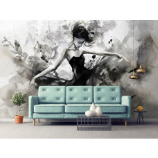 Eine Fototapete mit einer gemalten Tänzerin in Ballettpose auf Beton auf Vliestapete in einem Wohnzimmer.