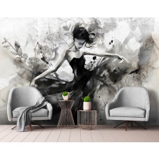 Eine Fototapete mit einer gemalten Tänzerin in Ballettpose auf Beton in einem Wohnzimmer.