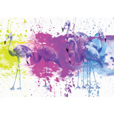 Eine Fototapete mit einem gemalten Flamingo, mit Fokus auf den eleganten Vogel in künstlerischer Form.