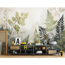 Eine Fototapete mit gemalten grünen Blättern im natürlichen Stil im Büro.