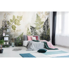 Eine Fototapete mit gemalten grünen Blättern im natürlichen Stil im Schlafzimmer.