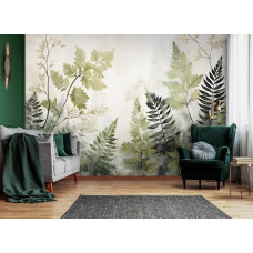 Eine Fototapete mit gemalten grünen Blättern im natürlichen Stil im Wohnzimmer.
