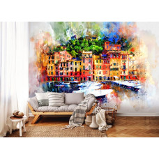 Fototapete mit gemaltem Hafen und Booten für das Wohnzimmer.