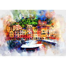 Fototapete mit gemaltem Hafen mit Landschaft und Booten.