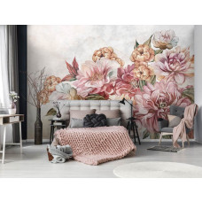 Fototapete mit gemalten altrosa Blumen in einem ruhigen Schlafzimmer.