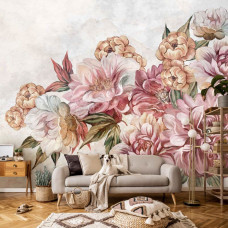 Fototapete mit gemalten altrosa Blumen im Vliestapetenstil für ein Wohnzimmer.