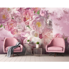 Eine Fototapete von gemalten Pfingstrosen und Schmetterlingen in einem stilvollen Wohnzimmer.