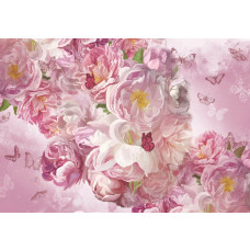 Fototapete von gemalten Pfingstrosen und rosa Blumen, mit Schmetterlingen in einer eleganten Komposition.