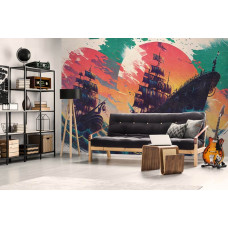 Eine Fototapete mit Piratenschiffen im Kunststil auf einem Boot, die Ihr Kinderzimmer in ein Piratenparadies verwandelt.