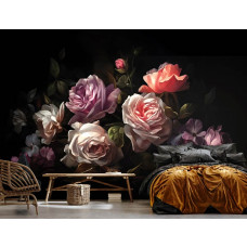 Eine Fototapete mit einem Gemälde von gemalten Rosen als Blumenmotiv in einem Schlafzimmer.