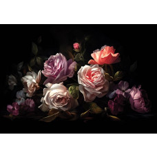 Gemalte Rosen in voller Blüte, elegant auf einer detaillierten Fototapete festgehalten.