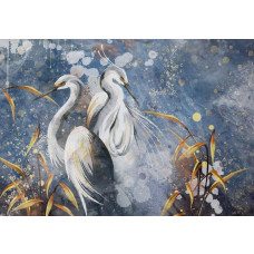 Fototapete von anmutigen gemalten Reihern in Goldtönen, elegant in einer kunstvollen Komposition dargestellt.