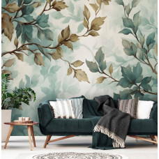 Eine Fototapete mit gemalten Zweigen und Blättern im Wohnzimmer.