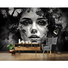 Eine Fototapete mit einem gemalten Porträt einer Frau und eines Schmetterlings auf Vliestapete im Wohnzimmer, mit einer traumhaften Ausstrahlung.