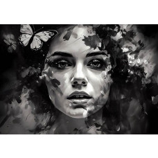 Gemalte Frau und Schmetterling, dargestellt in einem detaillierten Kunstporträt auf Fototapete.