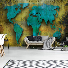 Eine Fototapete einer gemalten Weltkarte als abstrakte Kunst für das Wohnzimmer.