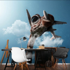 Fototapete mit einer Giraffe, Luftverschmutzung und einem Flugzeug in den Wolken für das Büro.