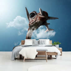 Fototapete mit einer Giraffe, Luftverschmutzung und einem Flugzeug in den Wolken für das Schlafzimmer.