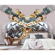 Eine Fototapete mit einem Rock-and-Roll-Gitarren-Design, geeignet für das Schlafzimmer.