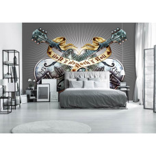 Eine Fototapete mit einer Rockgitarre in Silber, geeignet für das Schlafzimmer.