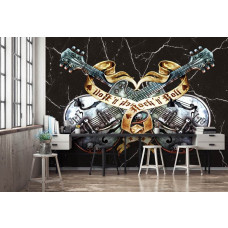 Eine Fototapete mit schwarzen Gitarren im Heavy-Metal-Stil, perfekt für ein Wohnzimmer.