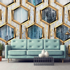 Eine luxuriöse Fototapete mit goldenen Sechsecken im Glamour-Stil für das Wohnzimmer.