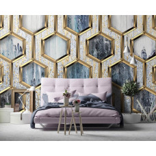 Eine luxuriöse Fototapete mit goldenen Sechsecken im Glamour-Stil für das Schlafzimmer.