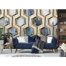 Eine luxuriöse Fototapete mit goldenen Sechsecken im Glamour-Stil für das Wohnzimmer.