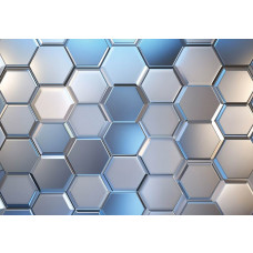 Fotobehang glanzende hexagons in blauw en zilver met 3D-effect en metallic uitstraling.