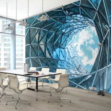 Eine Fototapete eines Glastunnels mit 3D-Effekt in einem Gebäude für das Büro.