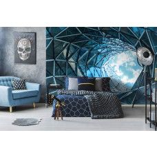 Eine Fototapete eines Glastunnels mit 3D-Effekt in einem Gebäude für das Schlafzimmer.