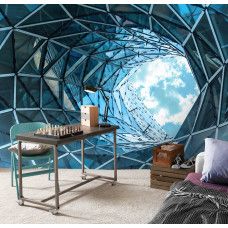 Eine Fototapete eines Glastunnels mit 3D-Effekt in einem Gebäude für das Wohnzimmer.