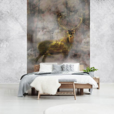 Eine Fototapete mit einem goldenen Hirsch in einer nebligen Herbstlandschaft, geeignet für ein Schlafzimmer.