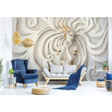 Eine Fototapete mit einer goldenen Frauenfigur im Relief-Stil für das Wohnzimmer.