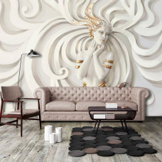 Eine Fototapete mit einer goldenen Frau in einem abstrakten Kunstwerk mit Relief-Effekt für das Schlafzimmer.