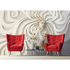 Eine Fototapete mit einer goldenen Frauenfigur im Relief-Stil im Wohnzimmer.