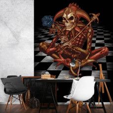 Fototapete Gothic Fool's Familiar mit Skelettclown, Joker und Schachbrett für das Spielzimmer.