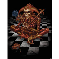 Fototapete mit Skelettclown und Schachbrett, gotisch und geheimnisvoll.