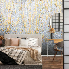 Eine abstrakte Fototapete mit dekorativem Gips in Gold und Silber gesehen im Wohnzimmer und Schlafzimmer.