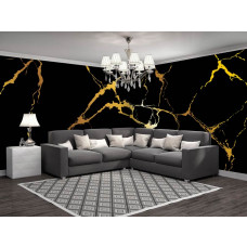 Eine Fototapete mit schwarzem und goldenem Marmor in industriellem Design, perfekt für ein Wohnzimmer.