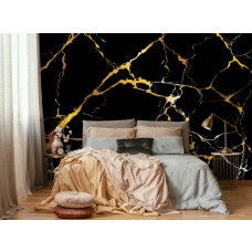 Eine Fototapete mit goldenem und schwarzem Marmor in industriellem Design, perfekt für ein Schlafzimmer.