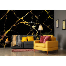 Eine Fototapete mit Marmor in Gold und Schwarz mit luxuriösem Look, geeignet für ein Wohnzimmer.