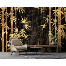 Eine Fototapete aus goldenem Bambus im Vliestapetenstil für ein Wohnzimmer.