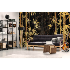 Eine Fototapete aus goldenem Bambus in einem modernen Wohnzimmer.