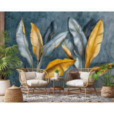 Fotobehang met gouden bananenbladeren in een modern en professioneel kantoorinterieur.