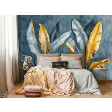 Fotobehang met decoratieve bananenbladeren in goudtinten in een stijlvolle slaapkamer.