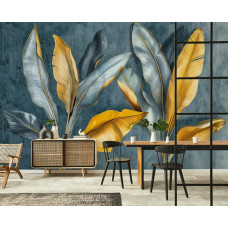 Fotobehang met glanzende gouden bananenbladeren aan de muur van een stijlvolle woonkamer.