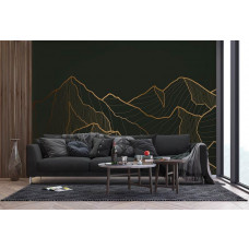 Ein Fototapet von abstrakten goldenen Bergen in einem Wohnzimmer mit Vliesbehang.